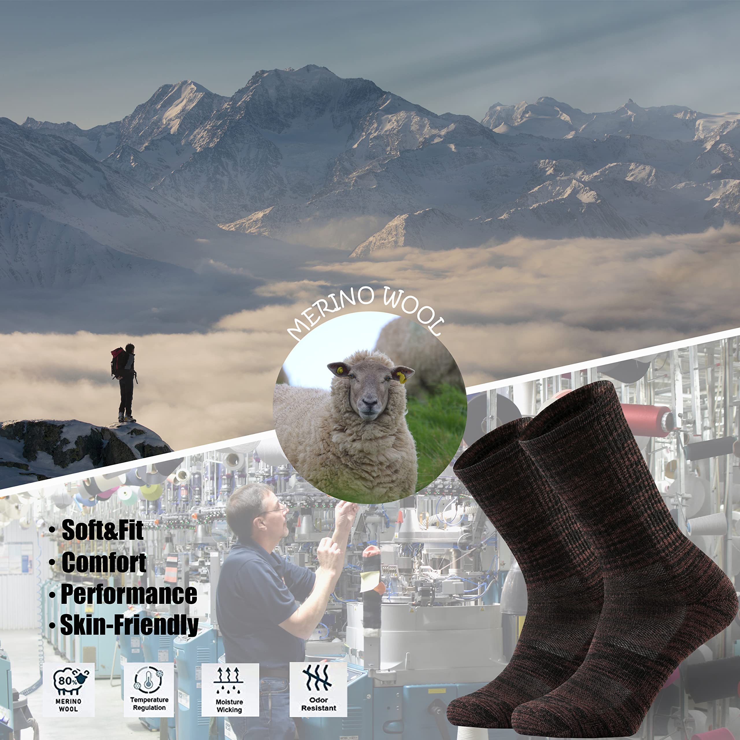 Ortis Men's Merino Wool Cushion Crew Socks - Moisture Wicking, Lightweight & Breathable for Hiking, Cycling & Outdoor Activities - Perfect for Trail Running, Camping & Winter Sports