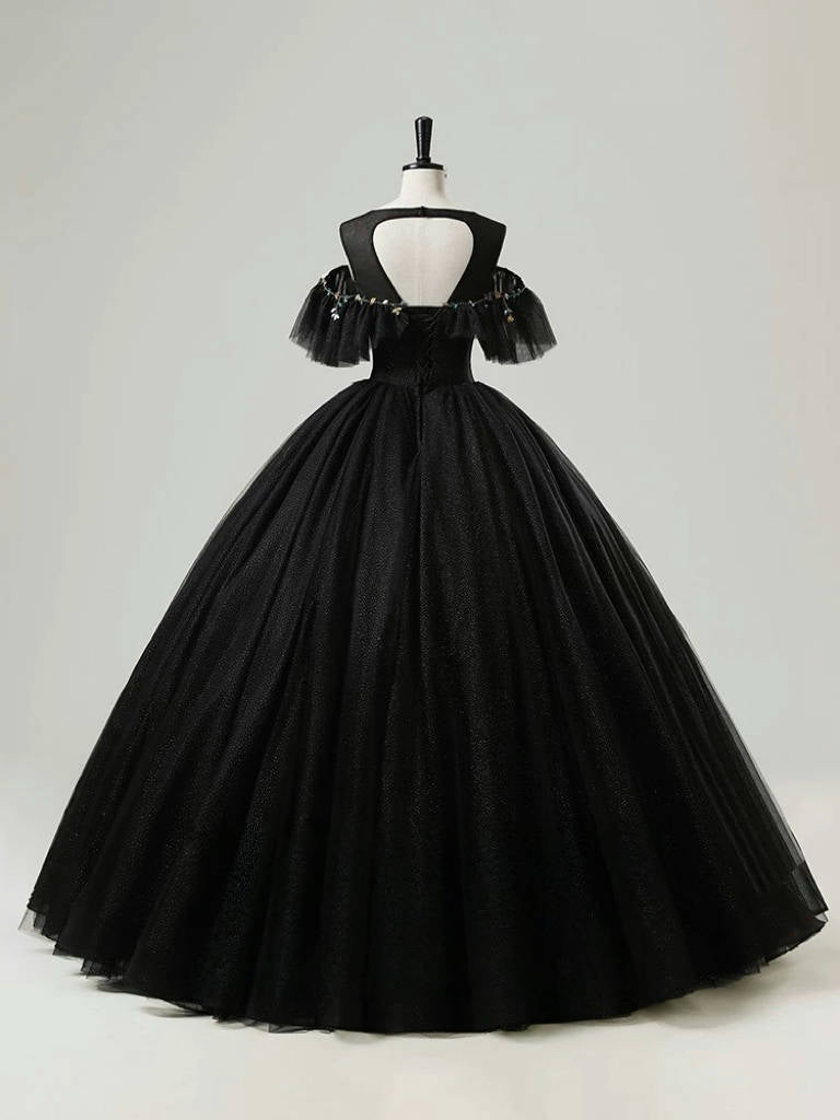Elegant A-Line Round Neck Tulle Lace Black Long Prom Dress for Sweet 16, Homecoming & Formal Events - Plus Size Evening Gown for Women