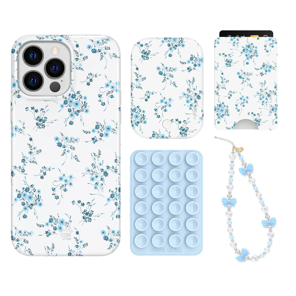 French Blue Floral iPhone Case with Wallet - Slim Protective Phone Cover & Card Holder for iPhone 13/14/15 - Perfect for Travel, Shopping, and Everyday Use