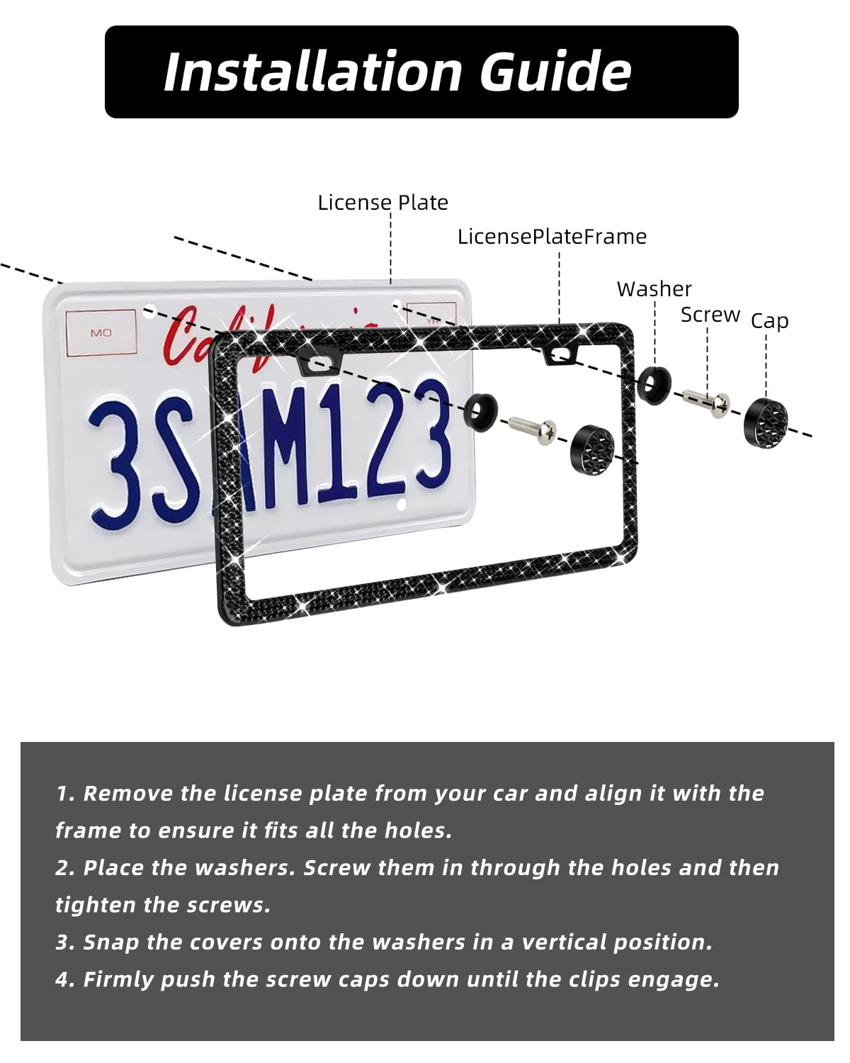 Sparkly Diamond Rhinestone Car License Plate Frames - 2 Pack Bling Bedazzled License Plate Covers for Women, Handmade Shiny Decorative Plate Holder with Free Glitter Gift Box (Black) | Perfect for Car Accessories, Gift Ideas, and Personalizing Your Vehicle