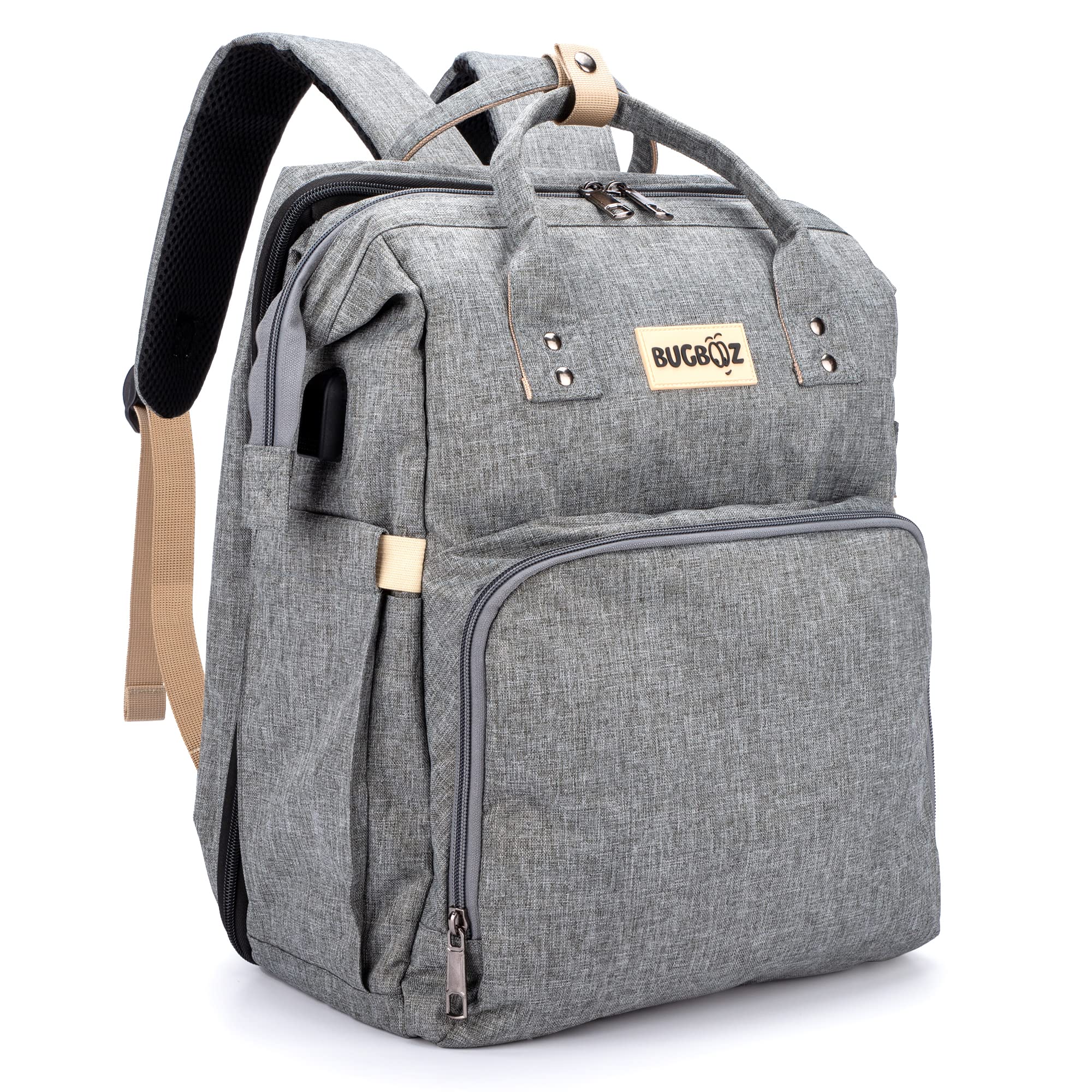 BUGBOOZ Large Waterproof Diaper Backpack for Baby - Gray & Black Travel Diaper Bag with Changing Station & USB Charging Port | Perfect for Daycare, Travel, and On-the-Go Parents (Pack of 1)