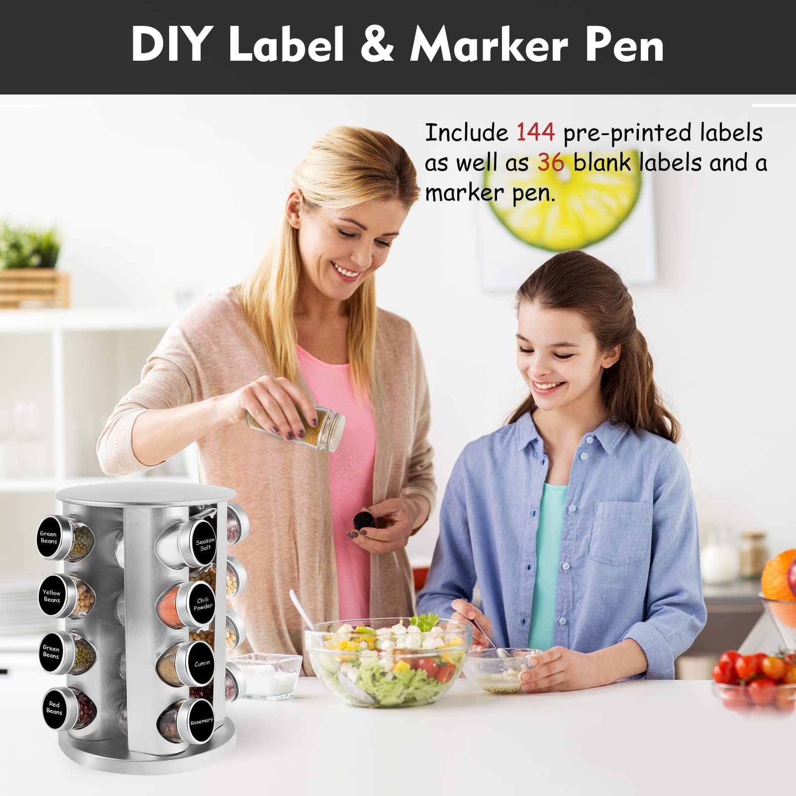 Rotating Spice Rack Organizer with 16 Jars - Stainless Steel Revolving Spice Tower with Labels for Kitchen Cabinet & Countertop - Perfect for Cooking, Baking & Seasoning Organization