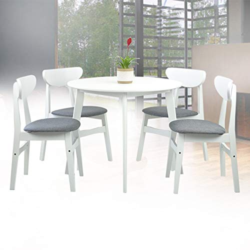 SK New Interiors 4-Piece Modern Dining Set - Round Solid Wood Table & Yumiko Chairs with Padded Seats (White Frame & Light Gray Cushion) - Perfect for Kitchen, Breakfast Nook & Small Space Dining Rooms
