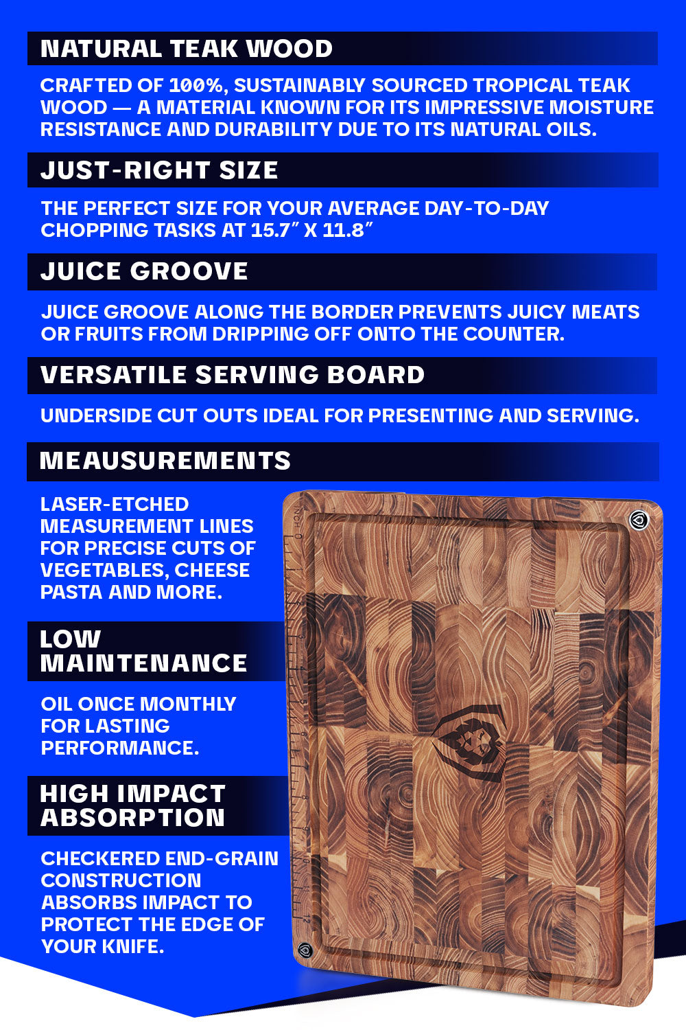 Premium Teak Wood Cutting Board - Medium Size 12x8 Inch - Dalstrong © - Perfect for Kitchen Prep, Charcuterie Boards & Serving Dishes