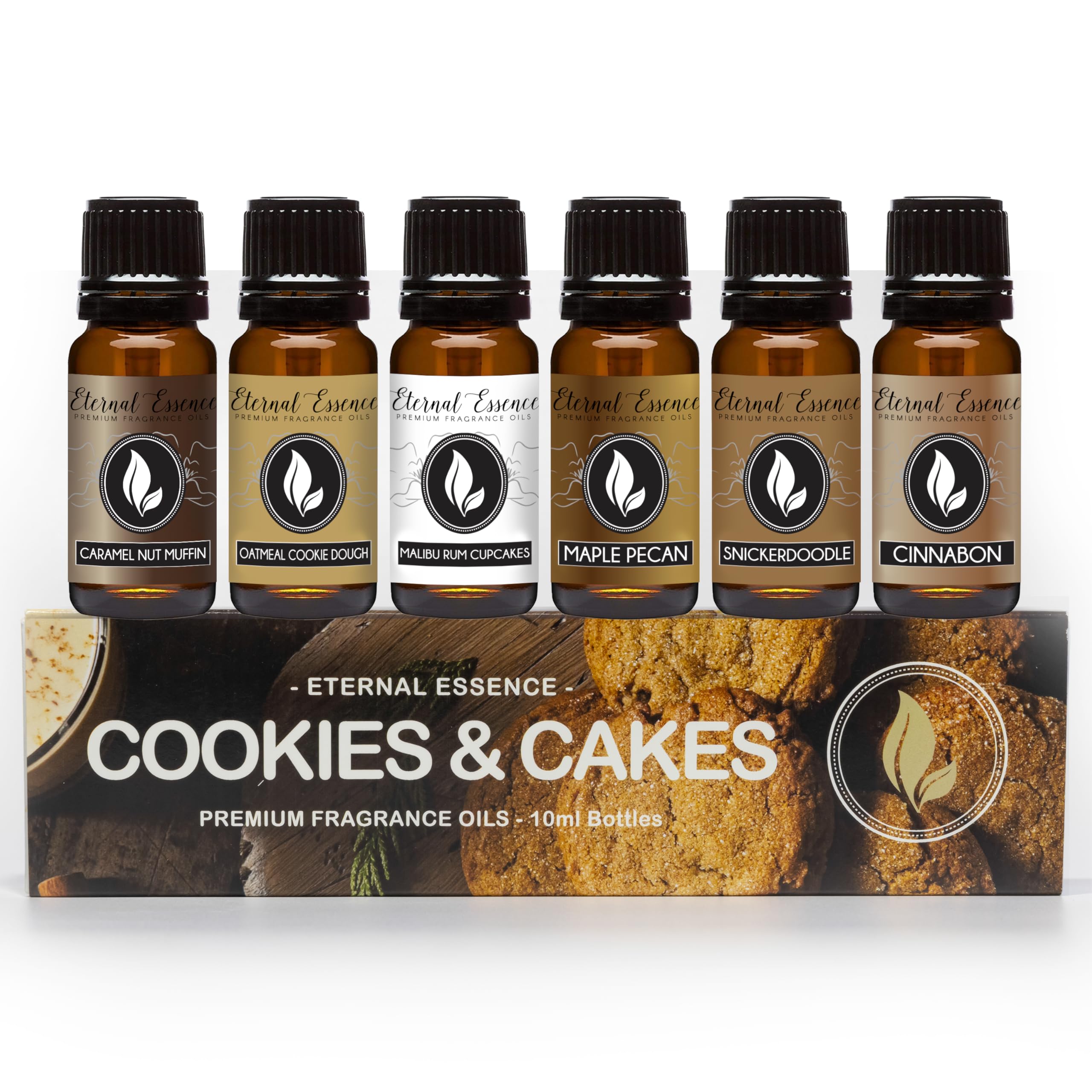 Eternal Essence Premium Fragrance Oils - 6-Piece Cookies & Cakes Scent Set (10ML) - Caramel Nut Muffin, Oatmeal Cookie Dough, Malibu Rum Cupcakes, Maple Pecan, Snickerdoodle, Cinnabon - Perfect for Candle Making, Soap Crafting & Home Aromatherapy