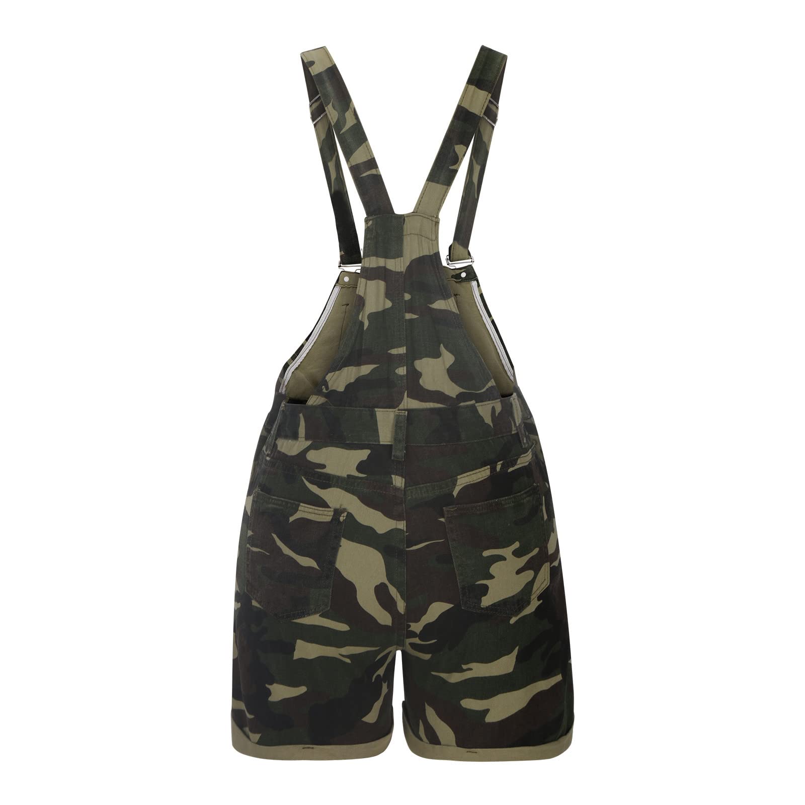 Women's Camo Denim Short Overalls - Adjustable Straps Classic Jean Jumpsuit | Casual Camouflage Romper for Outdoor Adventures, Music Festivals & Streetwear Fashion