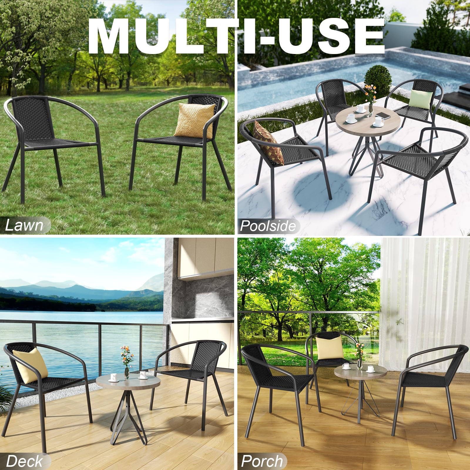 4 Pack Outdoor Patio Chairs - Stackable Wicker Rattan Dining Chairs with Metal Frame for Balcony, Deck, Backyard, Bistro & Porch | Weather-Resistant & Comfortable for Outdoor Entertaining, BBQs & Relaxation (Black)