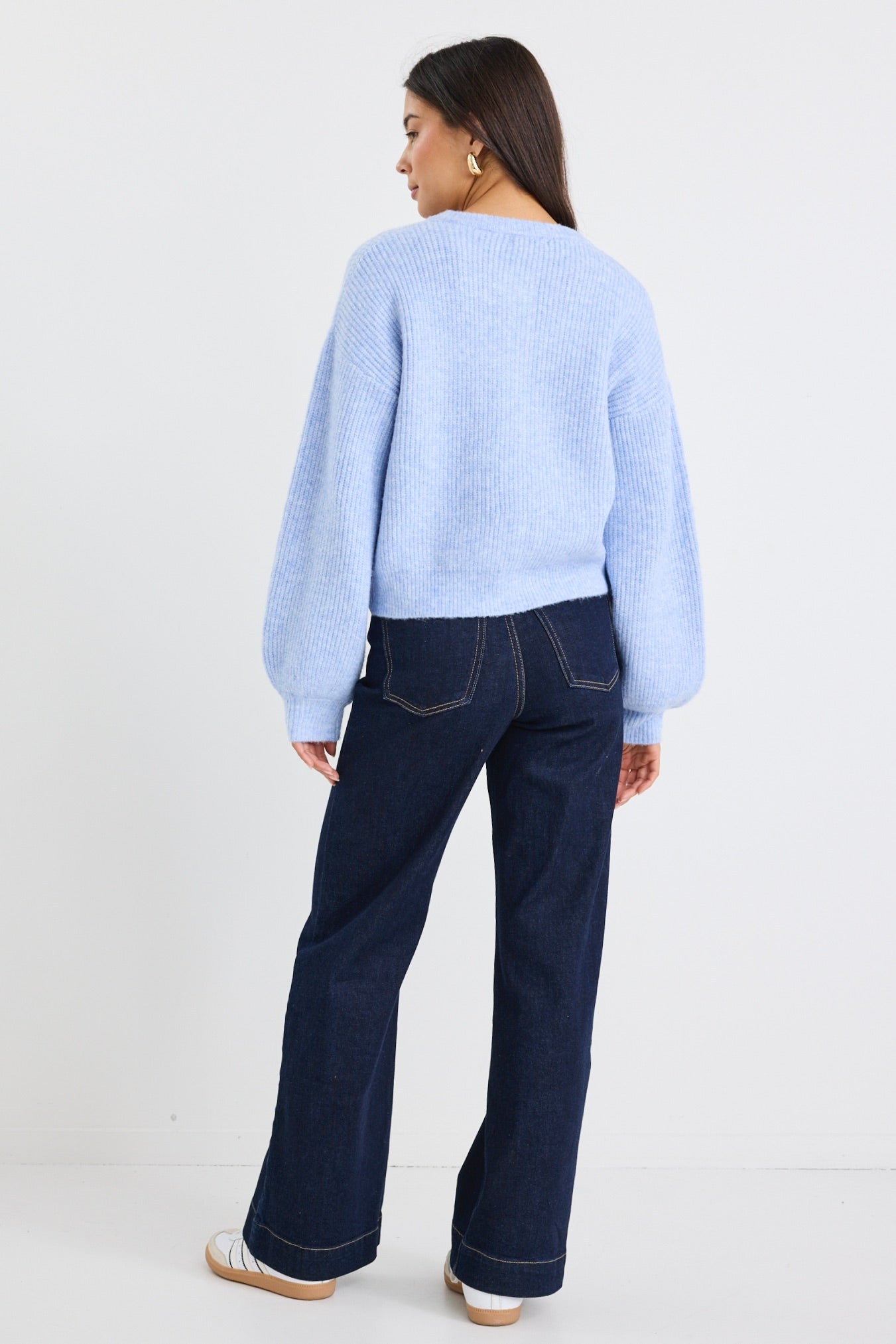 Authentic Ice Blue Crewneck Cardigan for Women - Soft Knit Sweater with Pockets - Perfect for Casual Wear, Office Outfits & Cozy Fall Fashion