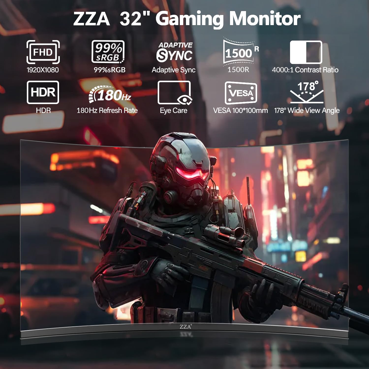ZZA 32-Inch 180Hz Curved Gaming Monitor - FHD 1080P, 1500R Curvature, 1ms GTG, HDR 600, 122% sRGB, FreeSync & G-Sync Compatible, DP/HDMI, VESA Mount - Perfect for PC Gaming, Office Work, and Home Entertainment