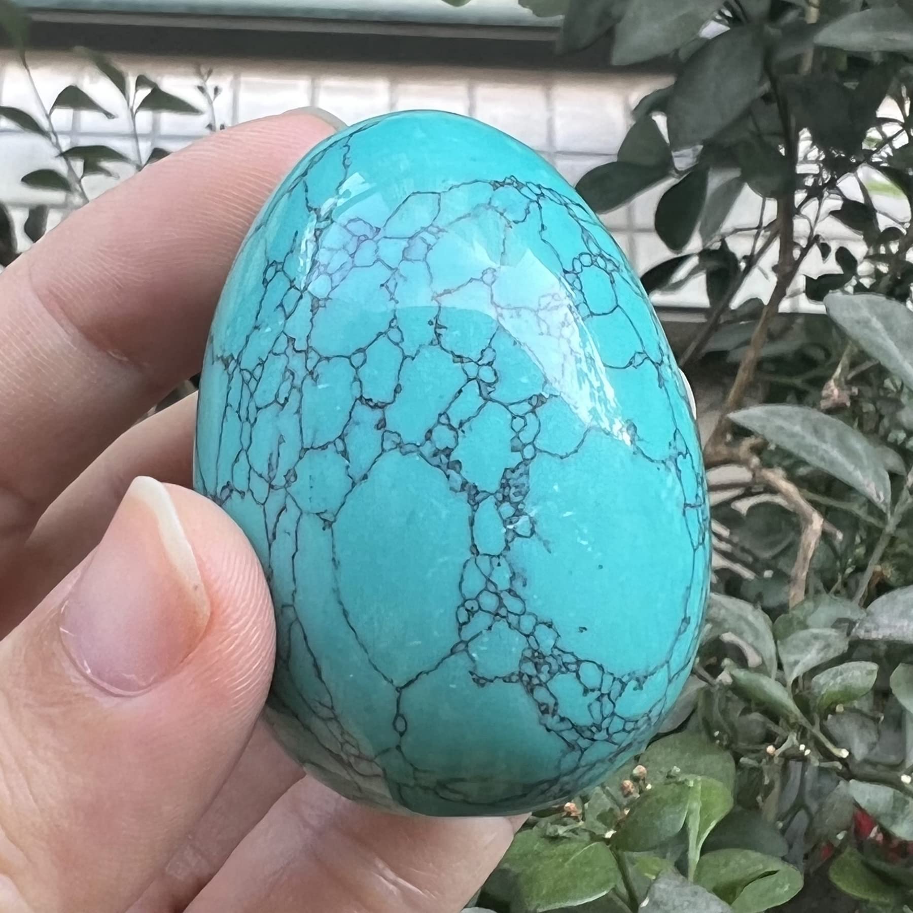 Healing Crystal Stone Egg Figurine - Polished Howlite Turquoise Easter Egg Sculpture with Wooden Stand (1.8 Inch) - Perfect for Meditation, Home Decor & Spiritual Gifts