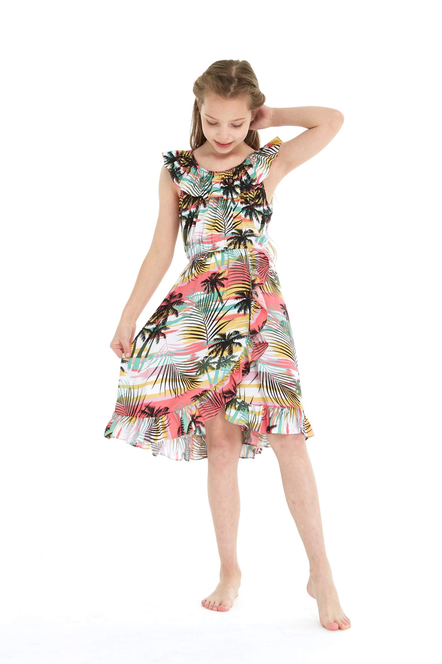 Sunset Hawaiian Luau Dress for Girls with Ruffle Wrap - Perfect for Beach Parties