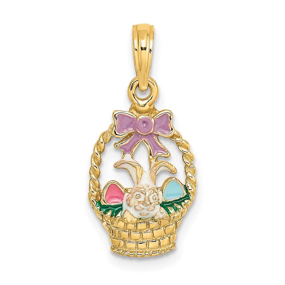 14K Yellow Gold Enameled Easter Basket Charm Pendant with Bunny, Bow & Eggs - Perfect for Easter Gifts, Jewelry Making & Holiday Decorations