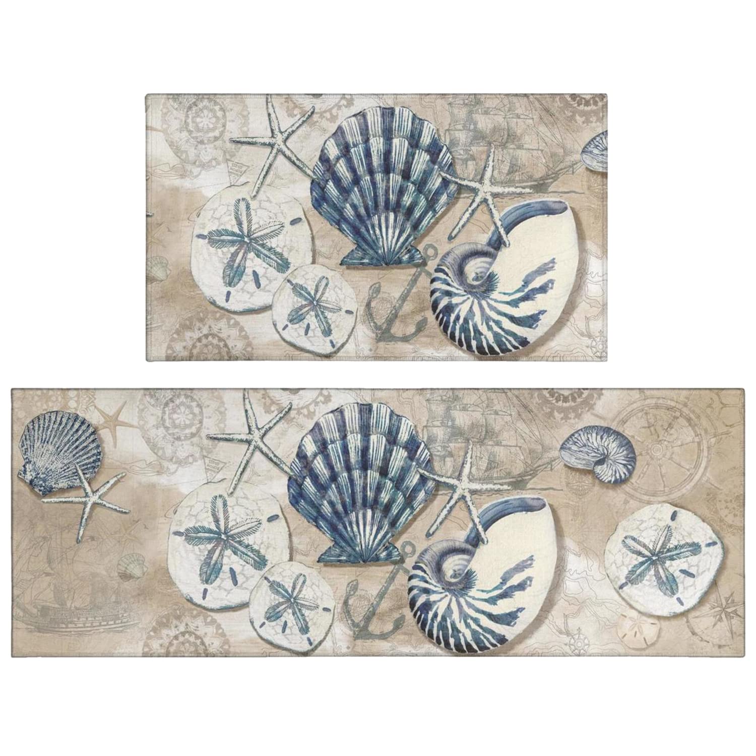 Nautical Kitchen Rugs Set of 2 - Ocean Theme Seashell Decor Non-Slip Floor Mats for Kitchen, Tropical Beach Style Low-Profile Washable Rugs (17