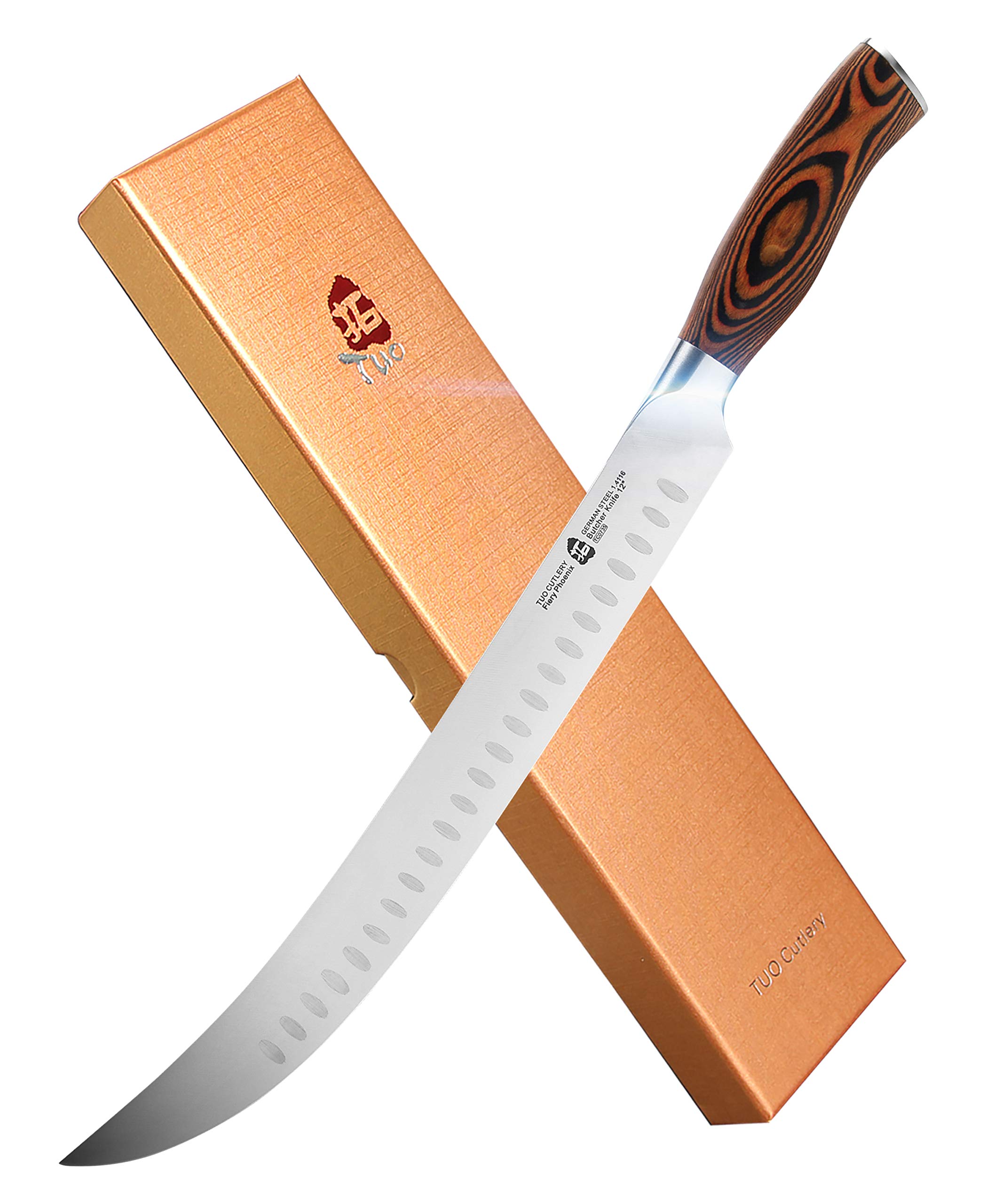 TUO 12-Inch Butcher Knife - German High Carbon Steel with Granton Edge for Effortless Meat Slicing - Curved Blade for Breaking, Carving & Chopping - Ergonomic Pakkawood Handle - Includes Gift Box (Perfect for BBQ, Butcher Shops & Home Kitchen Use)