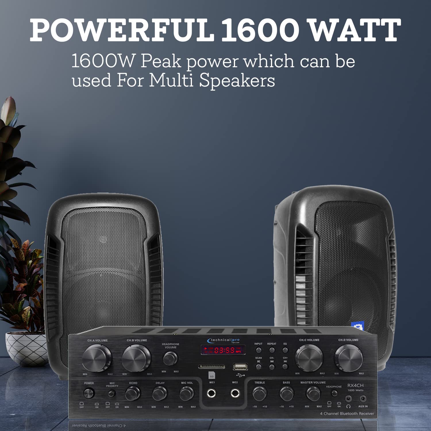 Technical Pro 1600W 4-Channel Bluetooth Stereo Receiver with RCA, USB, SD, AUX & Dual Mic Inputs - Home Theater Audio System, Karaoke Machine & Multi-Zone Speaker Control for Parties, DJ Setup & Entertainment
