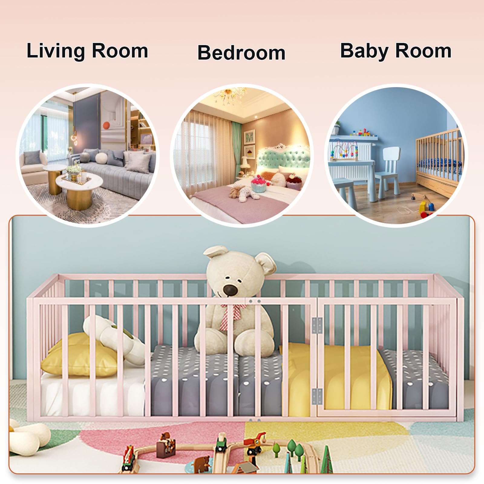 Montessori Twin Floor Bed with Safety Fence & Door - Metal Frame Kids Platform Bed with Rails for Boys & Girls - Perfect for Toddler Rooms & Play Areas