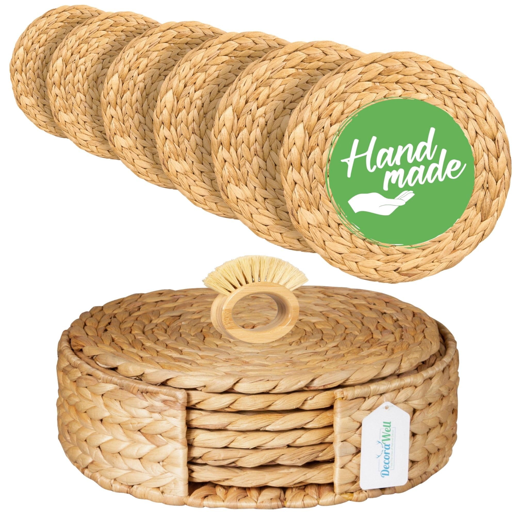 DecoraWell Handmade Round Woven Placemats Set of 6 - Natural Bamboo Wicker Rattan Chargers for Dinner Plates (13.5 Inch) - Rustic Boho Table Decor for Dining Room, Kitchen & Outdoor Entertaining