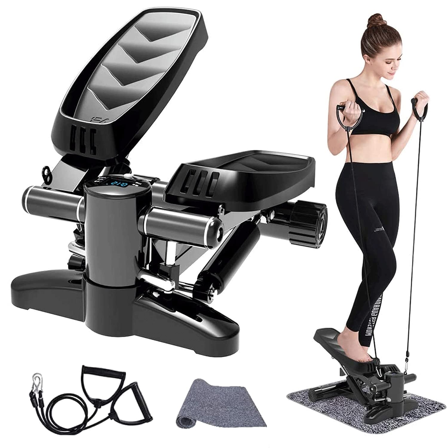 Papepipo Portable Stair Stepper for Home Workout - Mini Stepper Fitness Equipment with LCD Monitor, Resistance Bands & Non-Slip Mat | Compact Exercise Machine for Cardio, Leg & Arm Training | Perfect for Small Spaces, Office & Apartment Workouts