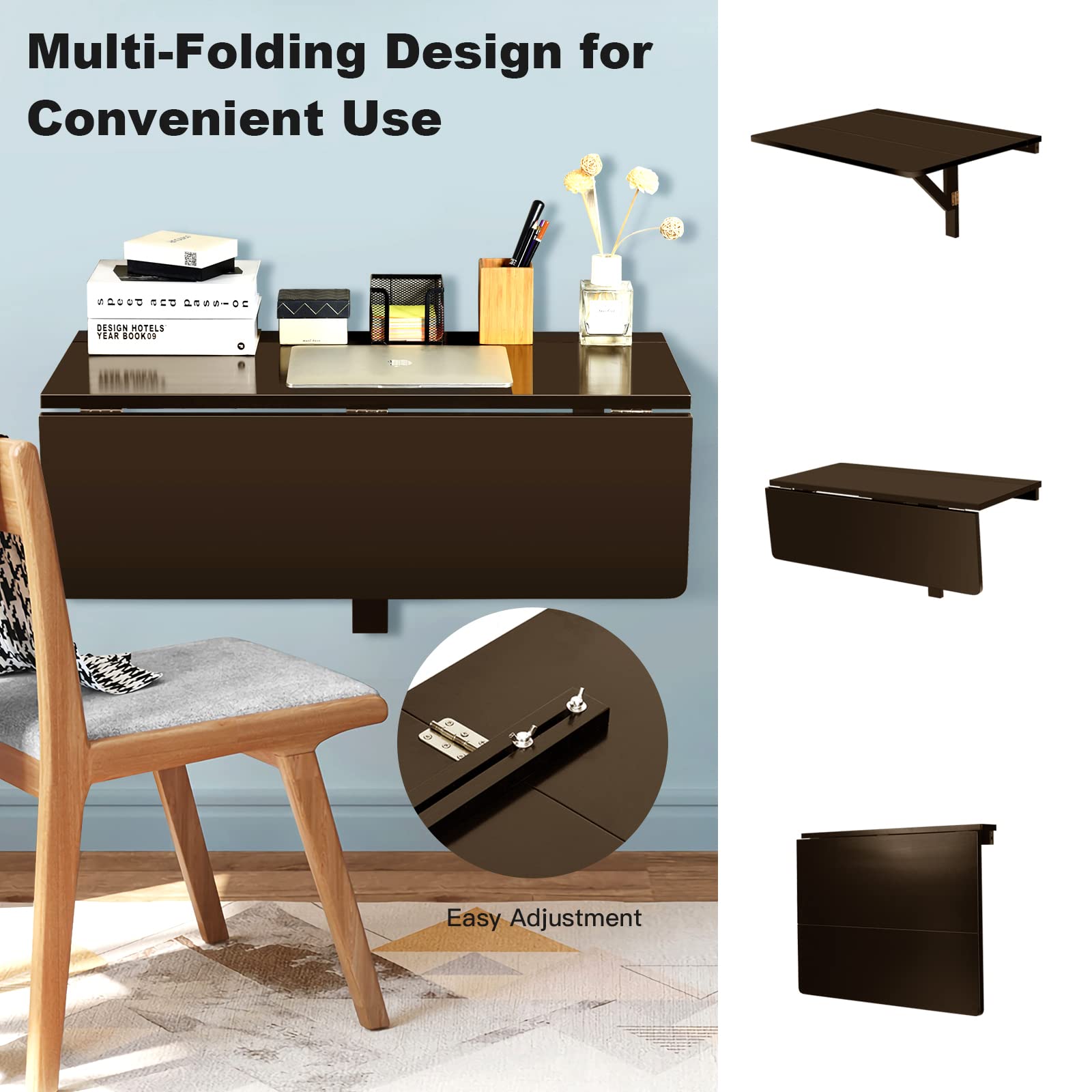 POWERSTONE Folding Wall Mounted Drop Leaf Table - Space Saving Collapsible Floating Desk for Small Spaces, Home Office, Garage, Bar, Study or Kitchen - Portable Workbench in Brown - Perfect for Apartments, Dorms & Tiny Homes