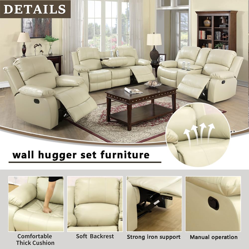 Ainehome 3-Piece Recliner Sofa Set - Manual Reclining Loveseat with Storage Console & Cup Holders, Bonded Leather Sectional Couch for Living Room, Home Theater or Family Room (Beige) - Comfortable Seating for Movie Nights & Relaxation