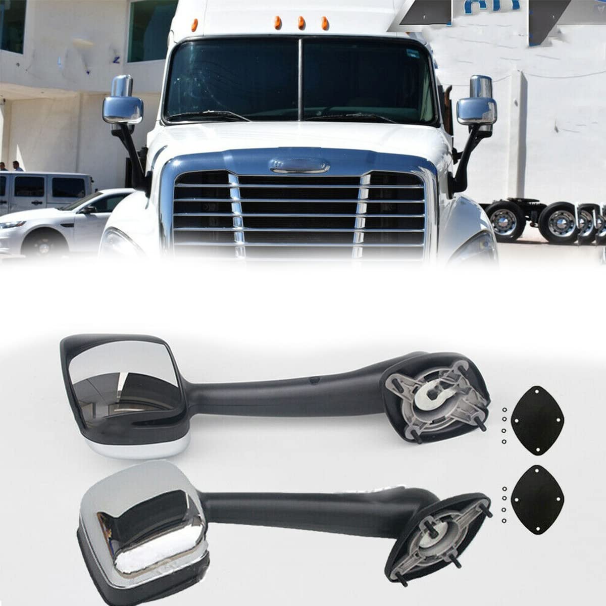 2008-2016 Freightliner Cascadia Chrome Hood Mirror - Manual Truck Towing Mirror Replacement with Chrome Housing | Durable Exterior Side Mirror for Long-Haul Trucking & Towing
