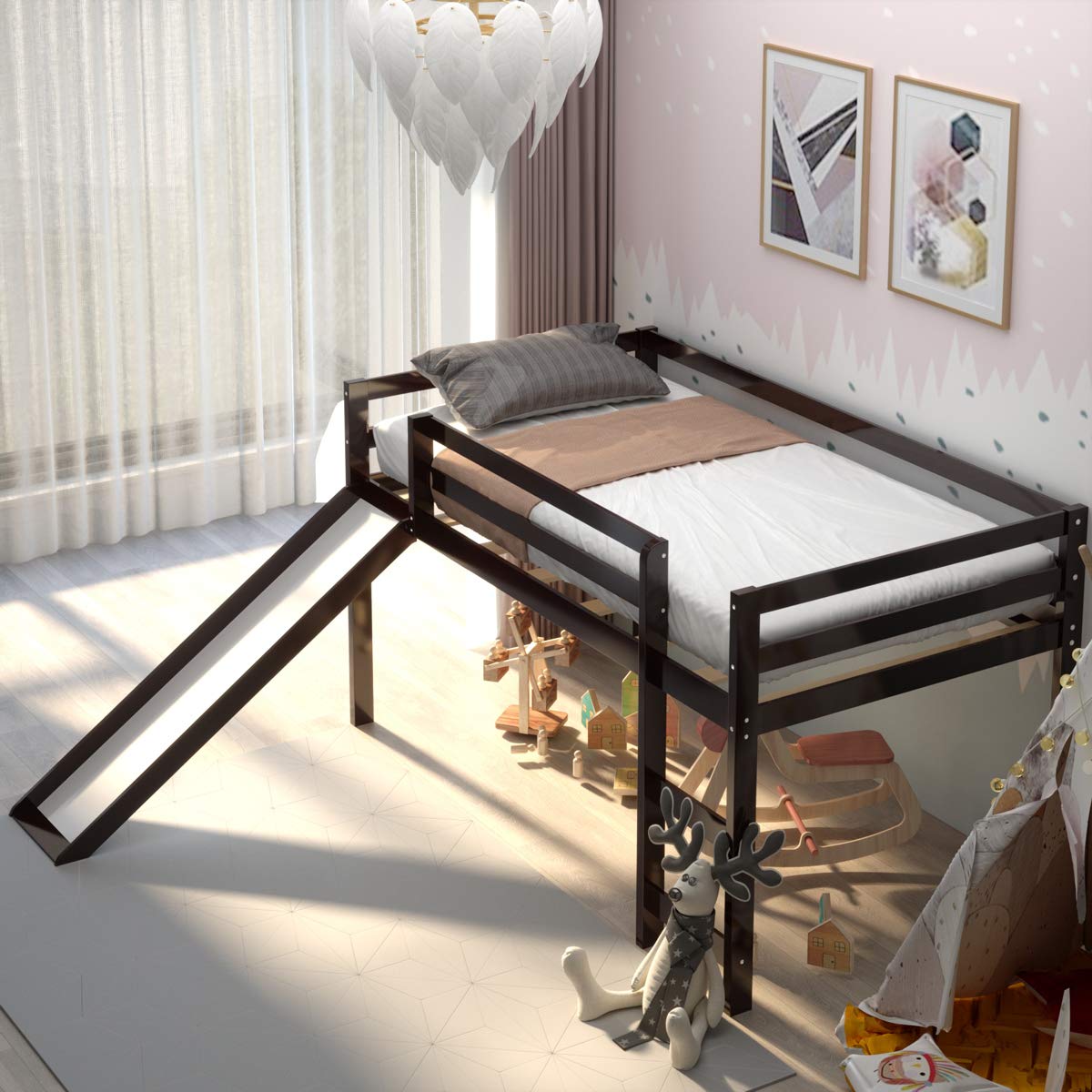 Costzon Twin Loft Bunk Bed with Slide - Solid Wood Kids Bunk Bed Frame with Built-in Ladder, Safety Guard Rail & Storage Space - Low Profile Bunk Bed for Boys & Girls Bedroom (Espresso) - Perfect for Small Spaces, Kids' Rooms, Sleepovers & Space-Saving Solutions