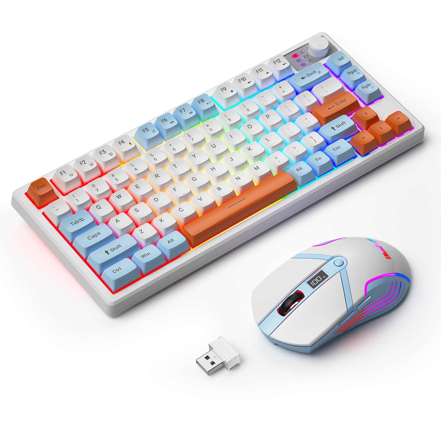 BlueFinger 75% Wireless Mechanical Gaming Keyboard & Mouse Combo with Smart Display, Rechargeable RGB Backlit Keyboard with Knob Control, Ergonomic Gaming Mouse for PC/Mac - Perfect for Esports, Streaming & Office Work