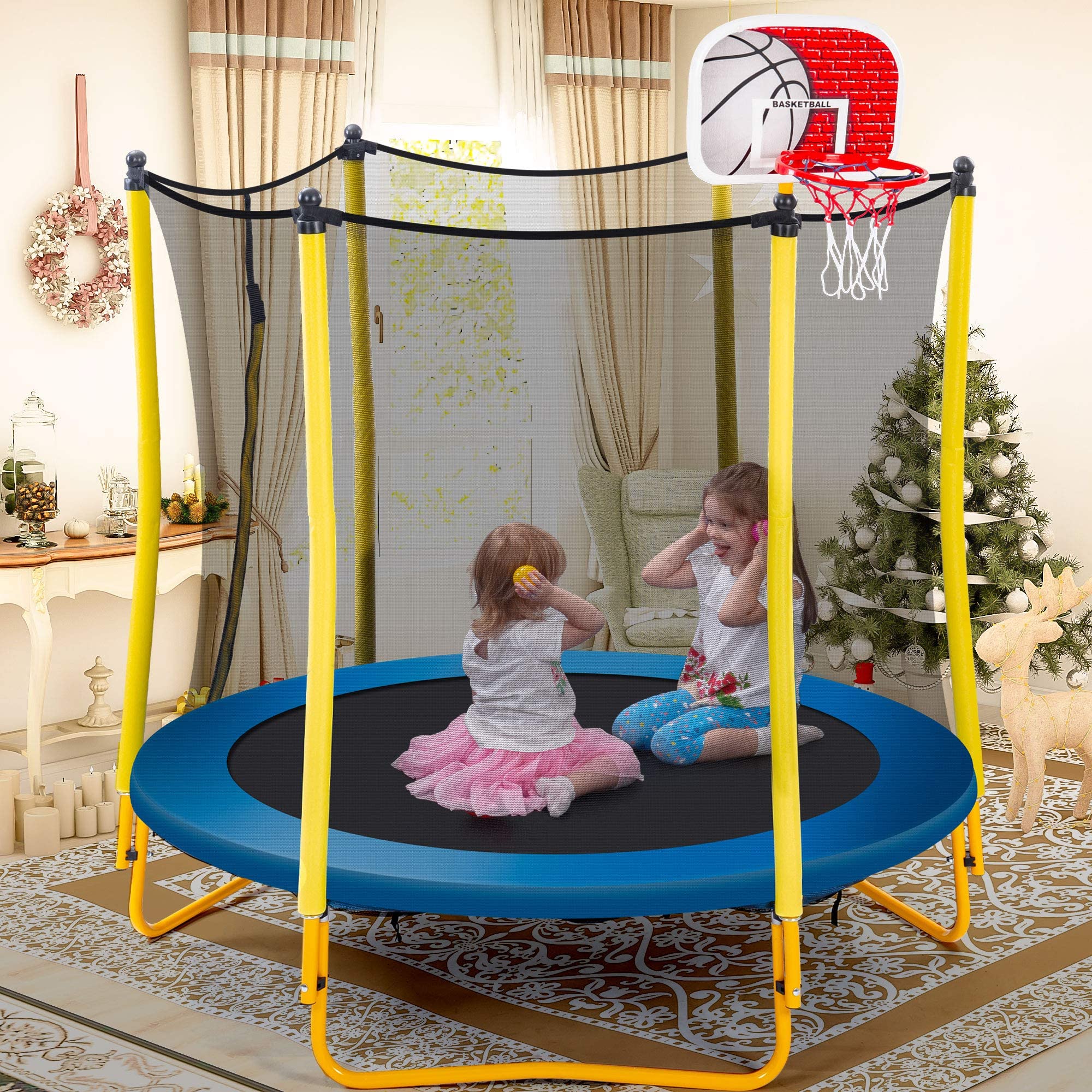 **Merax 66'' Kids Trampoline with Basketball Hoop, Rubber Ball & Safety Enclosure Net – 5.5FT Mini Trampoline for Toddlers (Ages 1-8) – Indoor & Outdoor Use – Perfect Birthday Gift for Active Play & Backyard Fun**