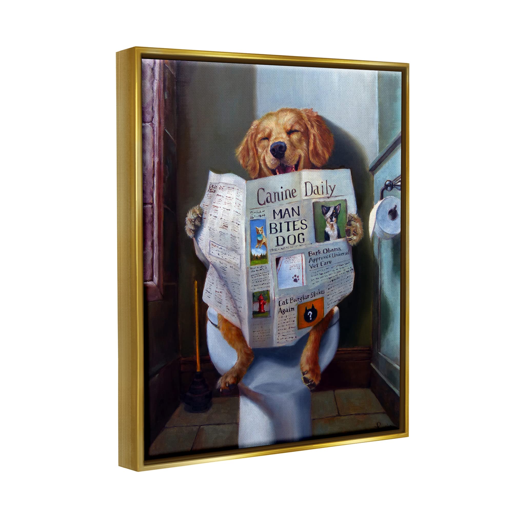 Funny Dog Reading Newspaper on Toilet Canvas Wall Art - Lucia Heffernan Framed Floater Painting - Perfect for Bathroom Decor & Humorous Home Office Art