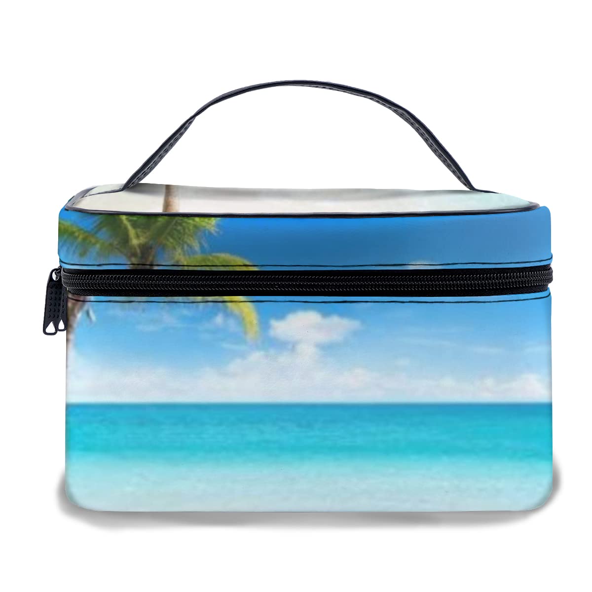 Waterproof PU Leather Makeup Bag - Large Travel Cosmetic Organizer with Tropical Palm Tree Design, Beach Vacation Toiletry Case for Women | Perfect for Summer Travel, Beach Trips & Daily Makeup Storage