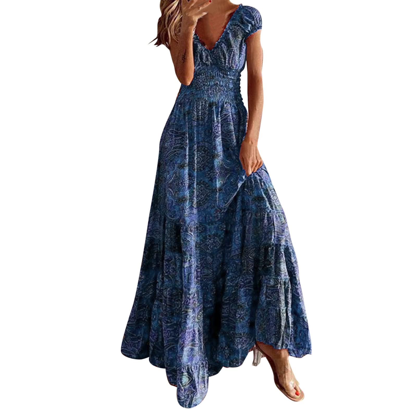 Elegant Women's Short Sleeve Evening Dress with Floral Print - Sexy A-Line Boho Maxi Dress for Casual Wear (Size Small) | Perfect for Cocktail Parties, Date Nights & Summer Vacations