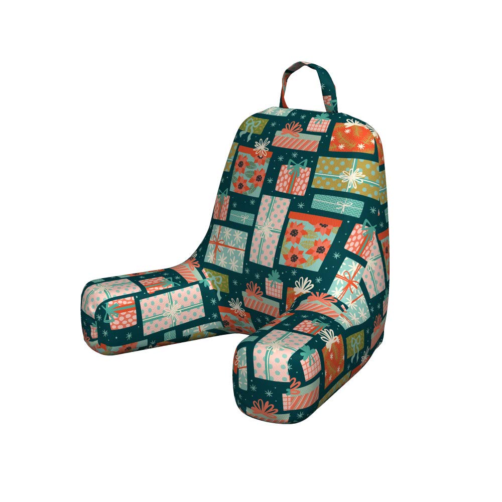Ambesonne Christmas Bedrest Pillow with Back Pocket - Colorful Holiday Present Boxes & Flowers Design, Decorative Reading Pillow with Shredded Foam (Small, Multicolor) - Perfect for Cozy Reading, Relaxing & Holiday Decor