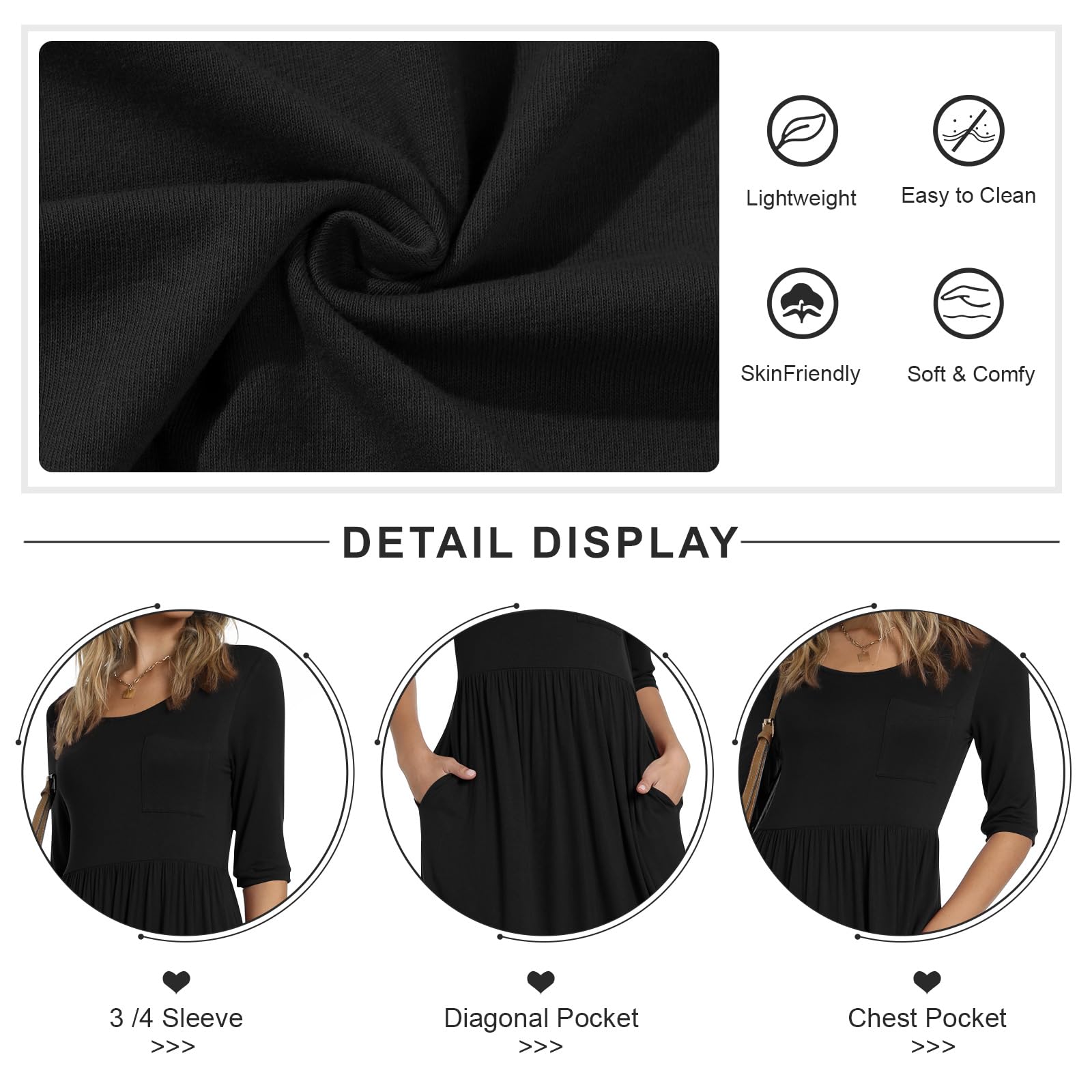 CATHY Women's 3/4 Sleeve High Waist Midi Dress with Pockets - Casual Round Neck Flowy Dress for Spring/Summer 2025 | Perfect for Office, Date Night & Brunch Outfits
