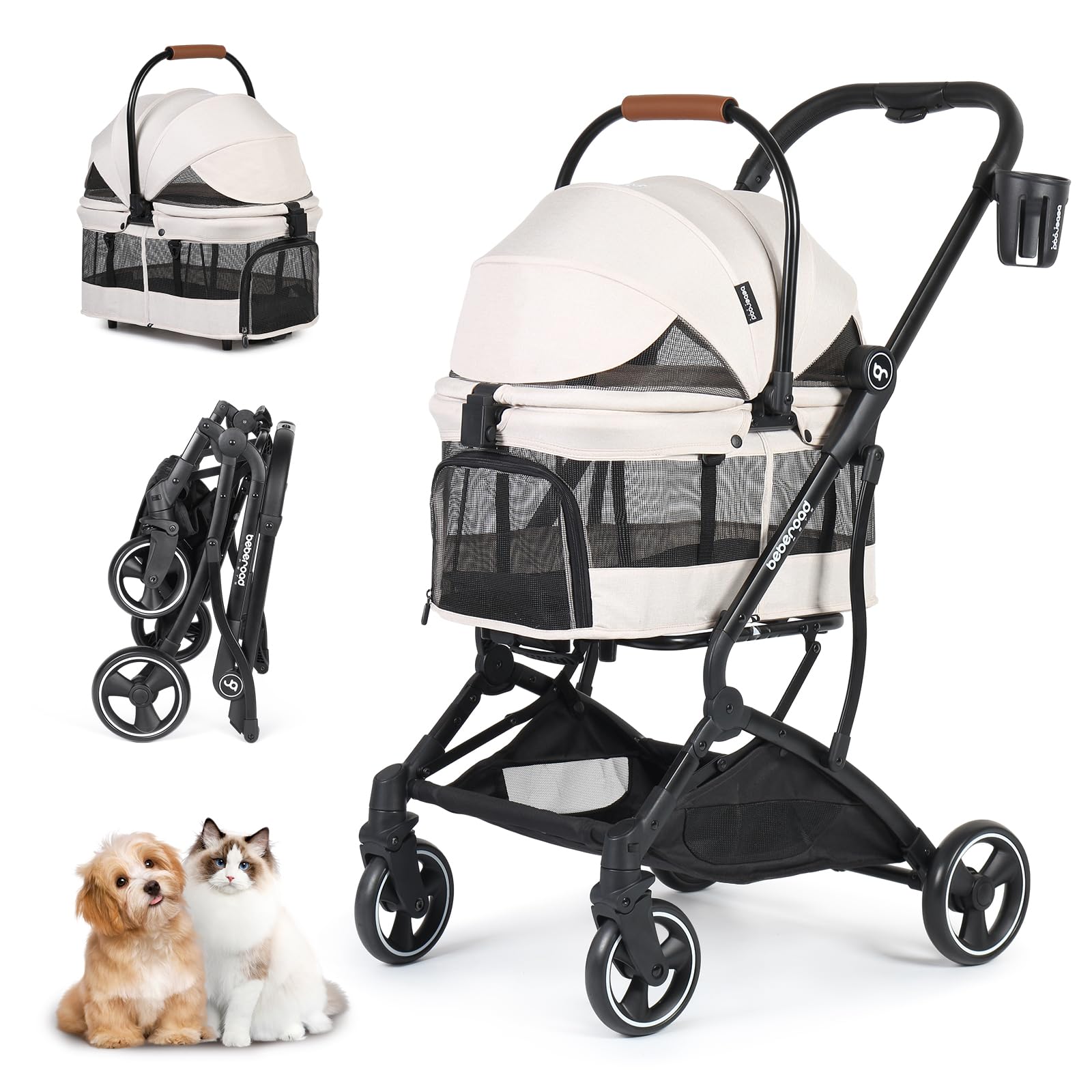 T3 3-in-1 Small Pet Stroller for Dogs & Cats - Lightweight 4-Wheel Travel Carrier with Removable Pad, Canopy & Cup Holder - Beige | Perfect for Vet Visits, Park Walks & Shopping Trips