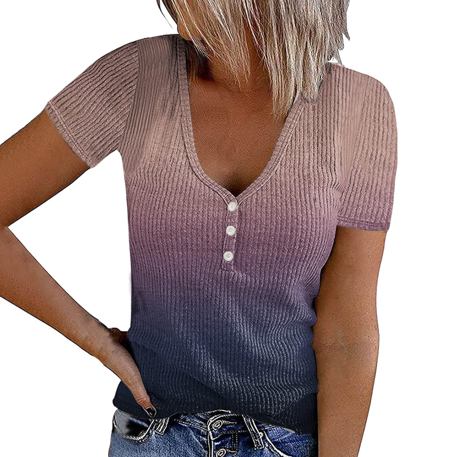 Women's Casual Short Sleeve V-Neck Button Down Ribbed Blouse - Summer Gradient Tee Shirt (Khaki, L) | Perfect for Office Wear, Date Nights & Weekend Outfits