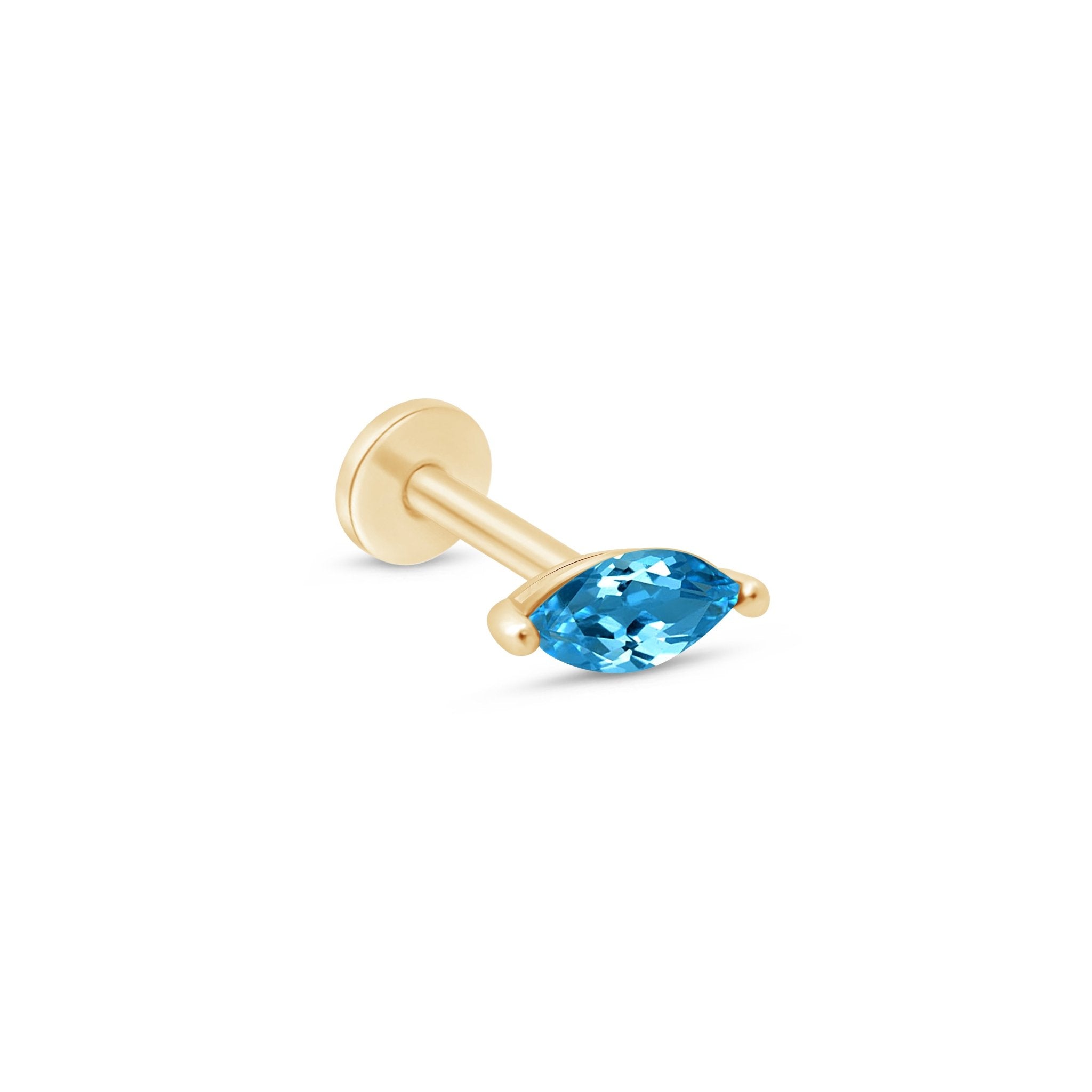 14K Yellow Gold Marquise London Blue Topaz Stud Earrings | Dainty & Elegant Flat Back Design for Everyday Wear & Special Occasions