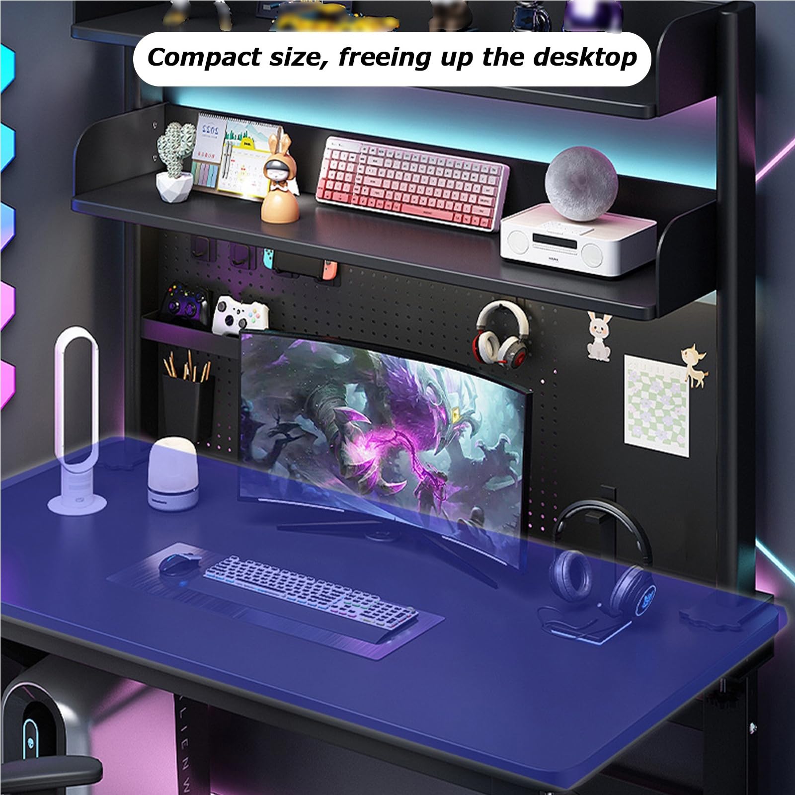 Black Clamp-On Desk Organizer Shelf - 23.6 Inch Adjustable Desk Extender with Pegboard for Office & Gaming Setup - Computer Desk Accessories for Workspace Organization - Perfect for Home Office, Study Room & Gaming Station (60cm/23.6in)