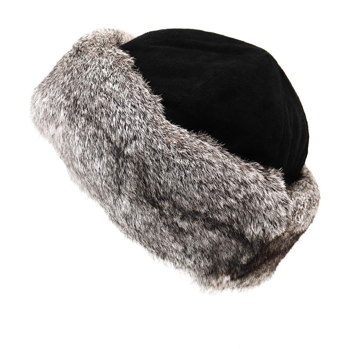 Surell Long Hair Rabbit Fur Cuff with Suede Crown Russian Trapper Hat - Winter Warm Women's Fashion Hat for Bridal Wedding, Christmas Party & Outdoor Activities (Black, Chinchilla)