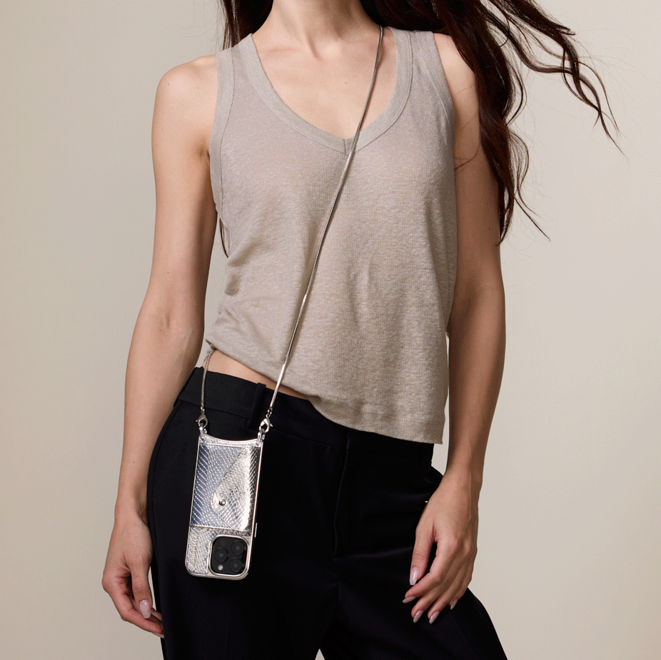 GIA Chrome Crossbody Phone Case - Silver Metallic | Stylish & Secure Hands-Free Carrying for iPhone & Android | Perfect for Travel, Shopping & Outdoor Activities