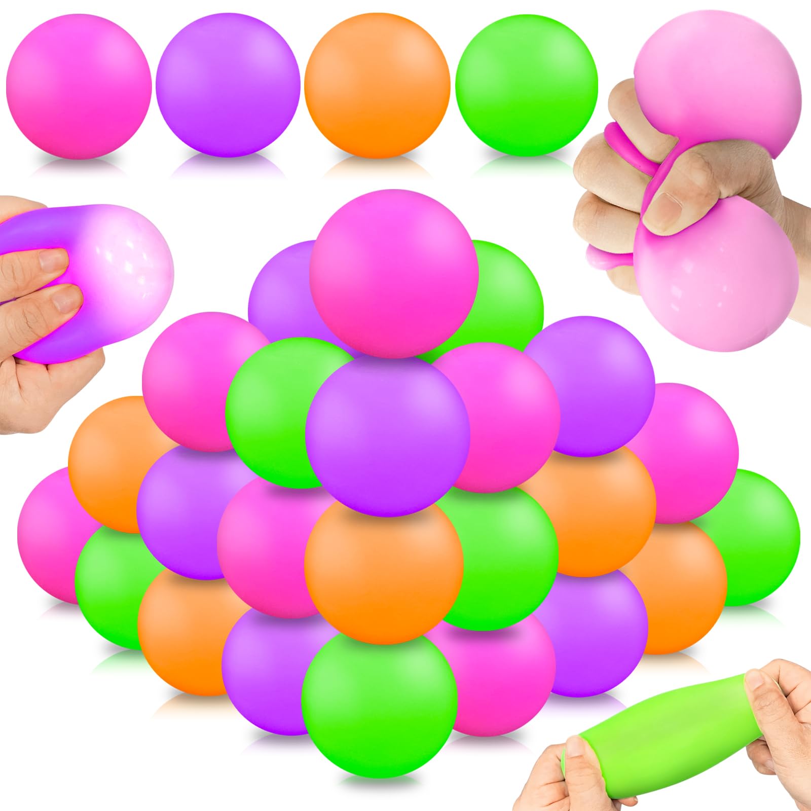 24 Pack Stress Relief Balls for Kids & Adults - Stretchy Fidget Sensory Toys for Anxiety Relief, Classroom Prizes, Party Favors - Perfect for Office, School, Home & Travel Stress Management