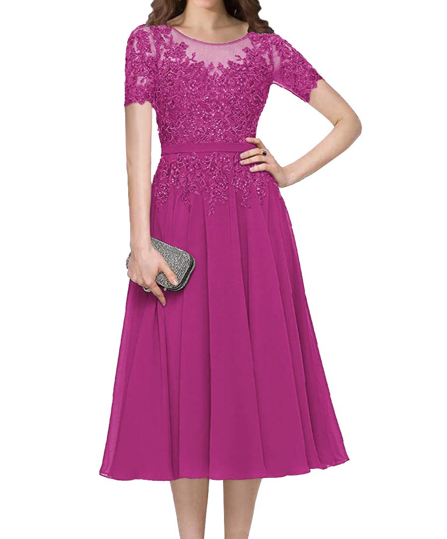 Elegant Tea Length Mother of the Bride Dress with Lace Applique & Beading - Short Sleeve Formal Evening Gown for Women | Perfect for Weddings, Receptions & Special Occasions