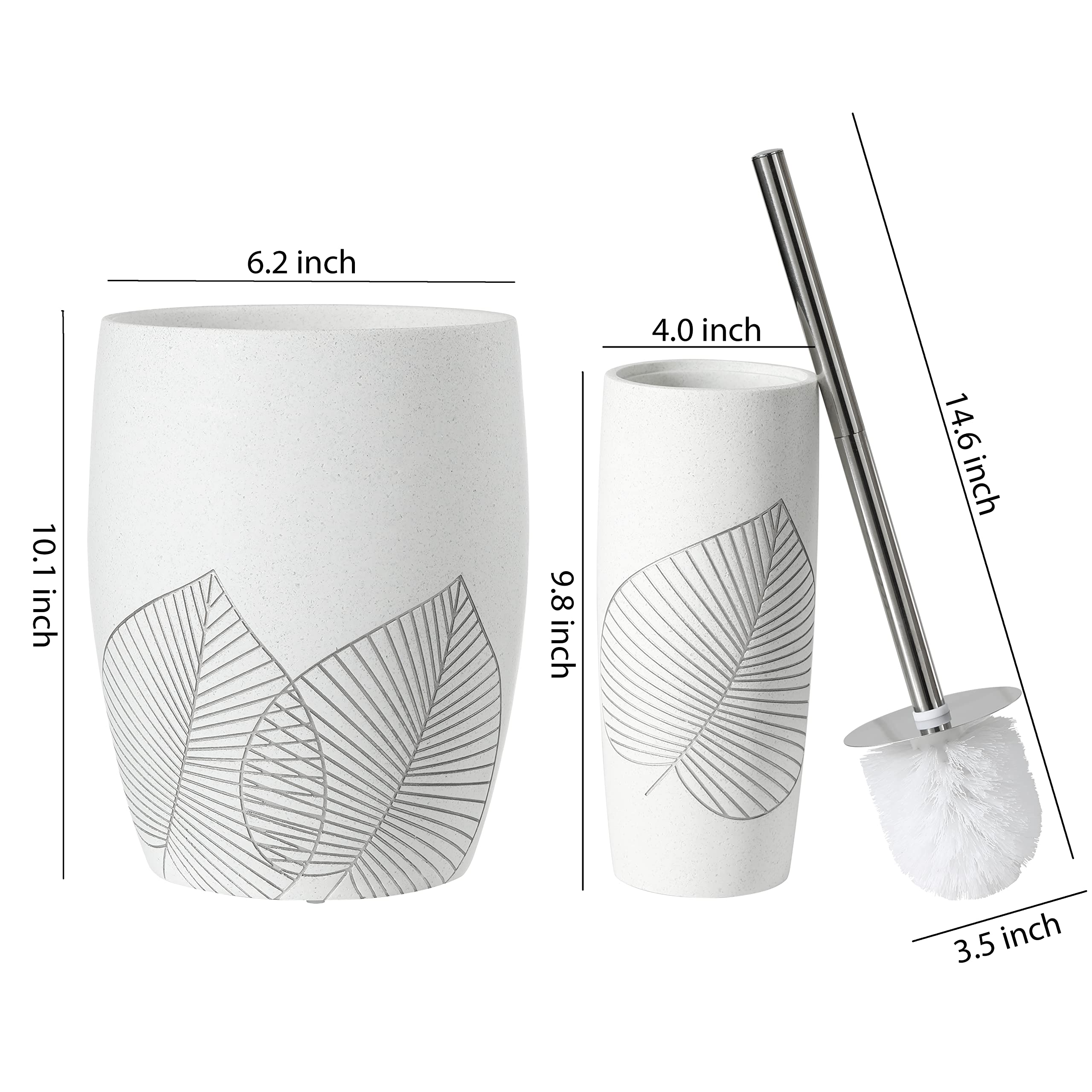 2-Pack Elegant Leaf Design High-Quality Polyresin Wastebasket Trash Can with Brush Holder - Perfect for Bathroom, Kitchen, Home Office & Powder Room - White