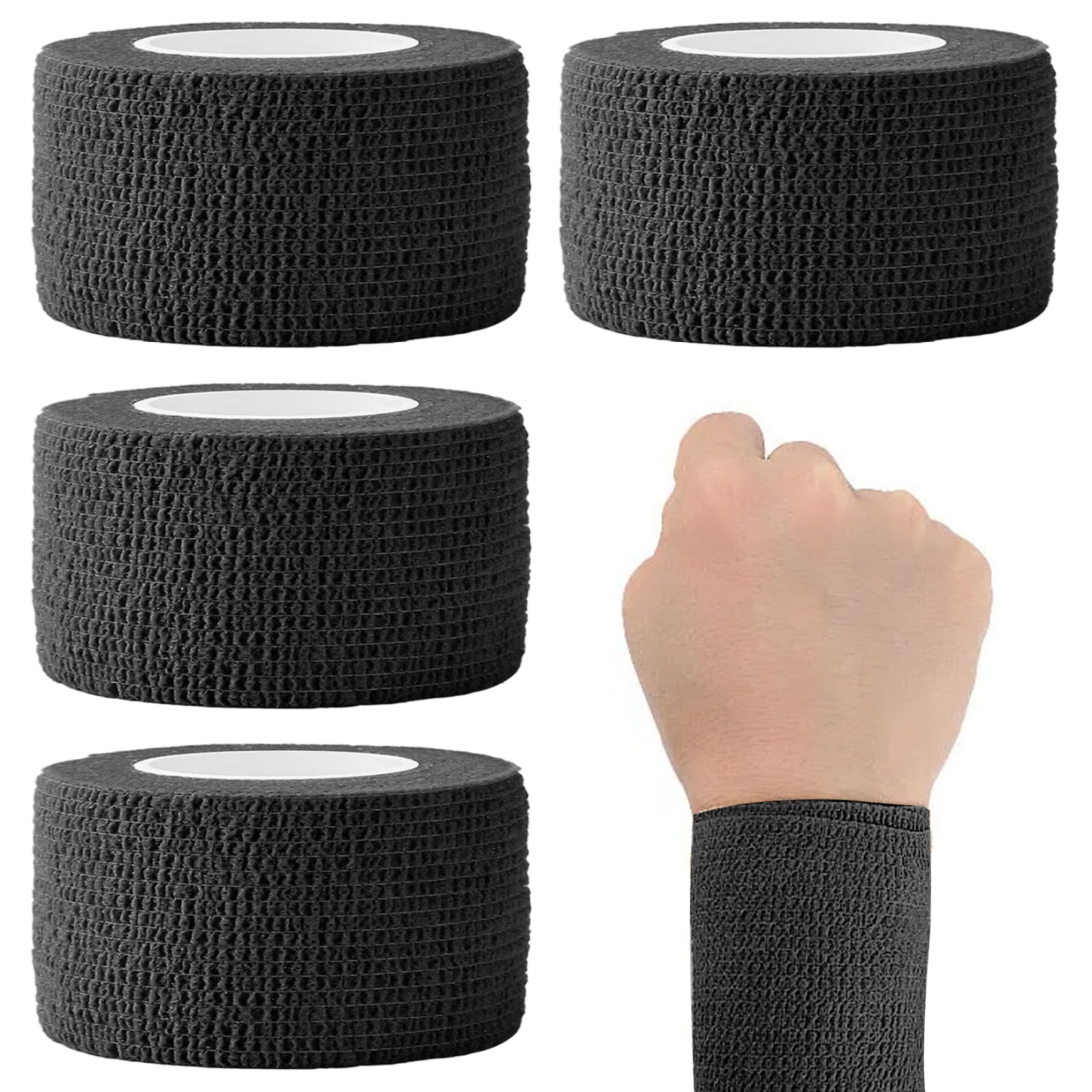 4 PCS Self-Adhesive Bandage Wrap - Breathable Non-Woven Wrist Tape & Vet Wrap for Sports Injuries, Ankle Sprains & Pet Care (Black, 177x1 Inch) - Ideal for Athletic Support, First Aid Kits & Dog Wound Protection