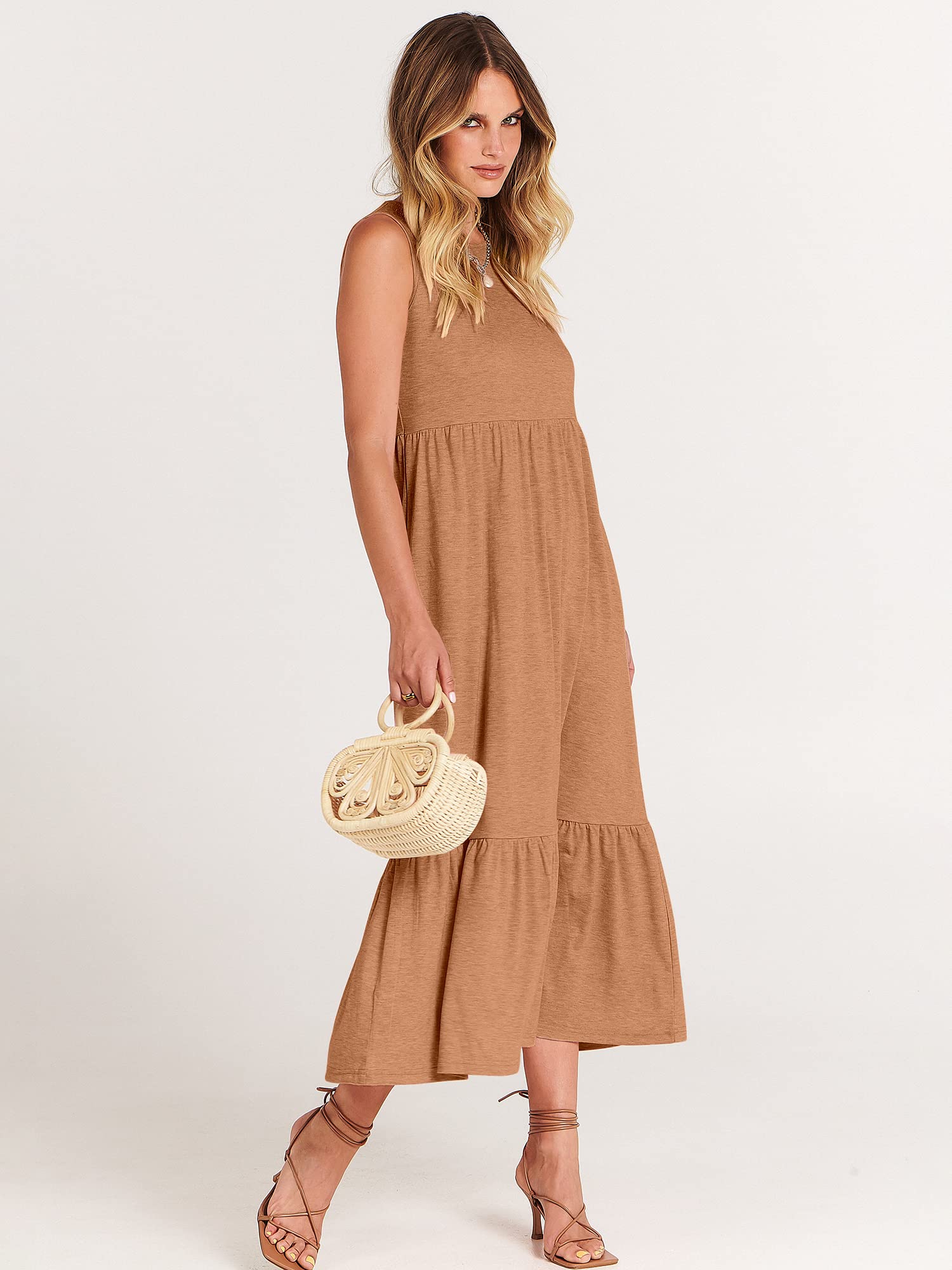 ANRABESS Women's Summer Sleeveless Crewneck Sundress - Flowy A-Line Tiered Maxi Beach Dress for Vacation, Casual Wear, and Outdoor Activities
