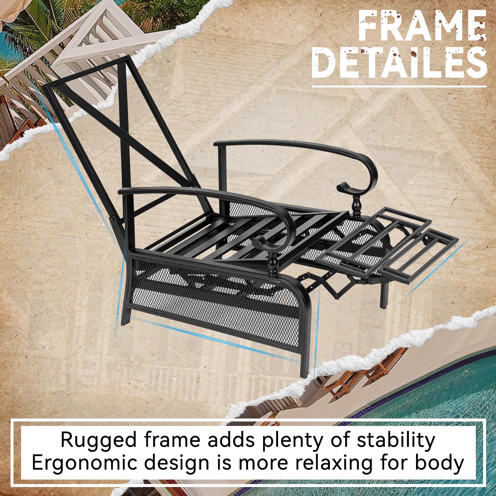 Adjustable Patio Lounge Chair - Outdoor Reclining Chaise with Removable Cushions & Sturdy Metal Frame, Brown - Perfect for Poolside, Backyard Relaxation & Sunbathing