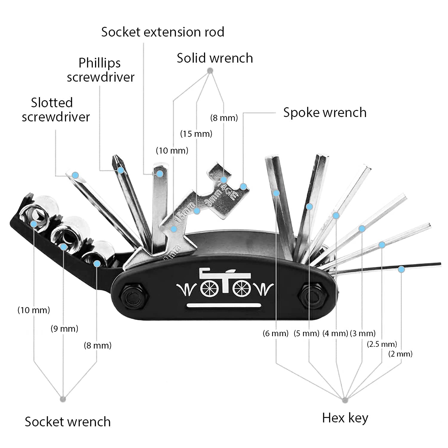 WOTOW 16-in-1 Bike Repair Tool Kit - Portable Multitool for Road & Mountain Bikes - Cycling Essentials for Travel & Maintenance