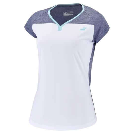 Babolat Play Cap Sleeve Women's Tennis Top 1079 - White/Blue Heather - Breathable Workout Shirt for Tennis & Active Lifestyle