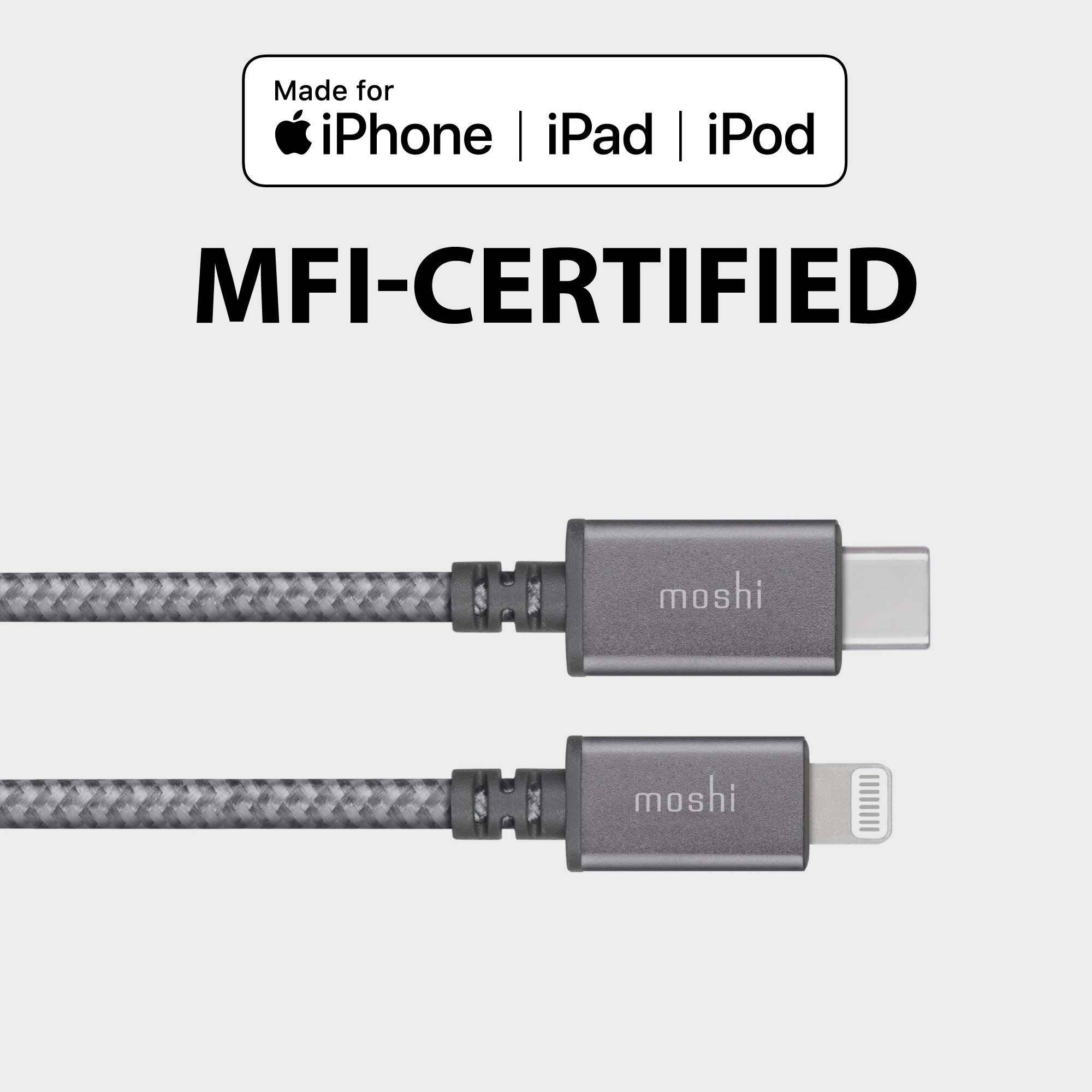 Moshi Integra USB C to Lightning Cable 0.8ft/0.25m - MFi Certified Fast Charging 30W PD Cable with Durable Nylon Braiding for iPhone 14/13/12/11/Pro/Max, iPad - Perfect for Home, Office & Travel Charging - Titanium Gray