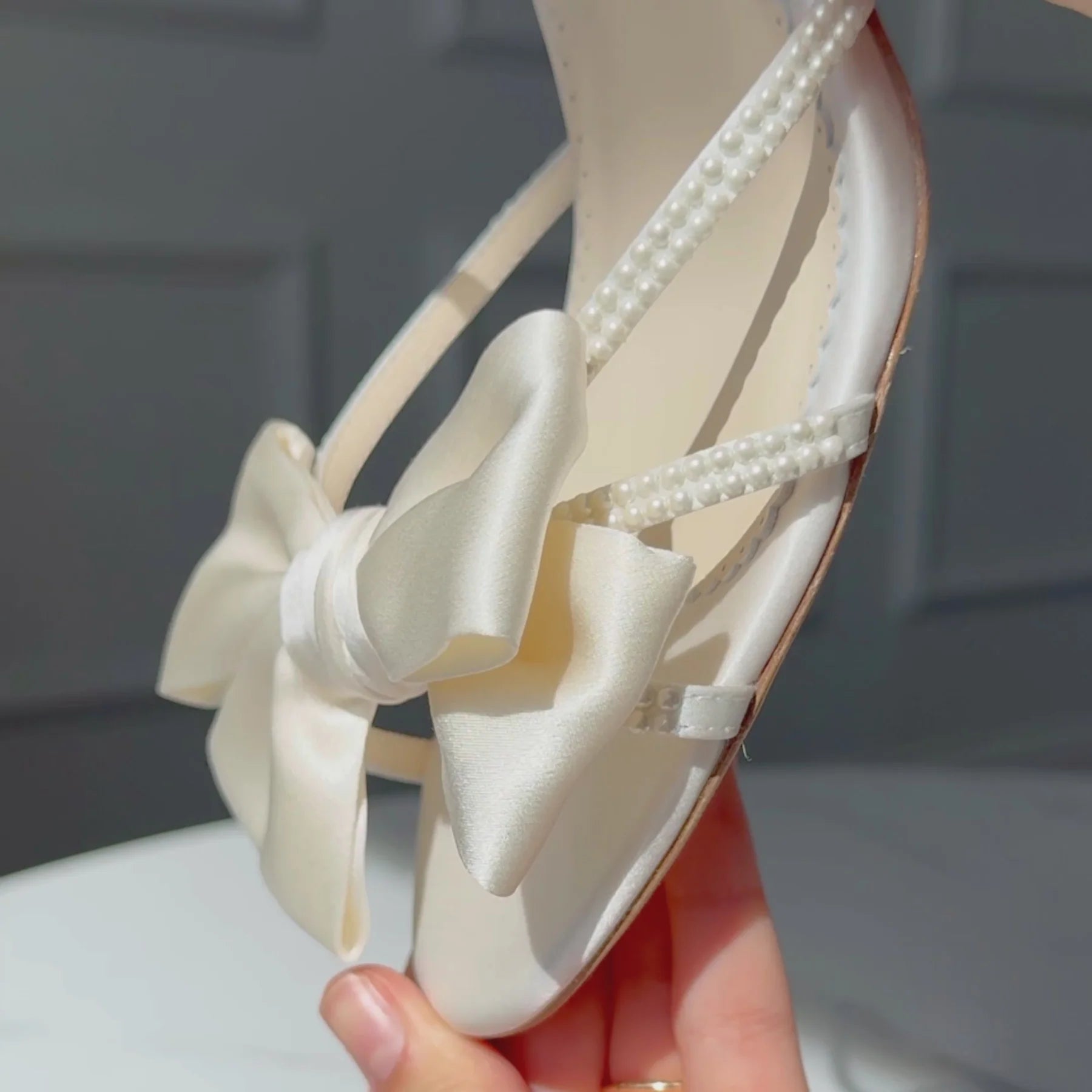 Delphine Women's Pearl Strap Bow Block Heels with Pearl Ankle Straps - Ivory Chunky Heel Sandals for Weddings, Parties & Special Occasions
