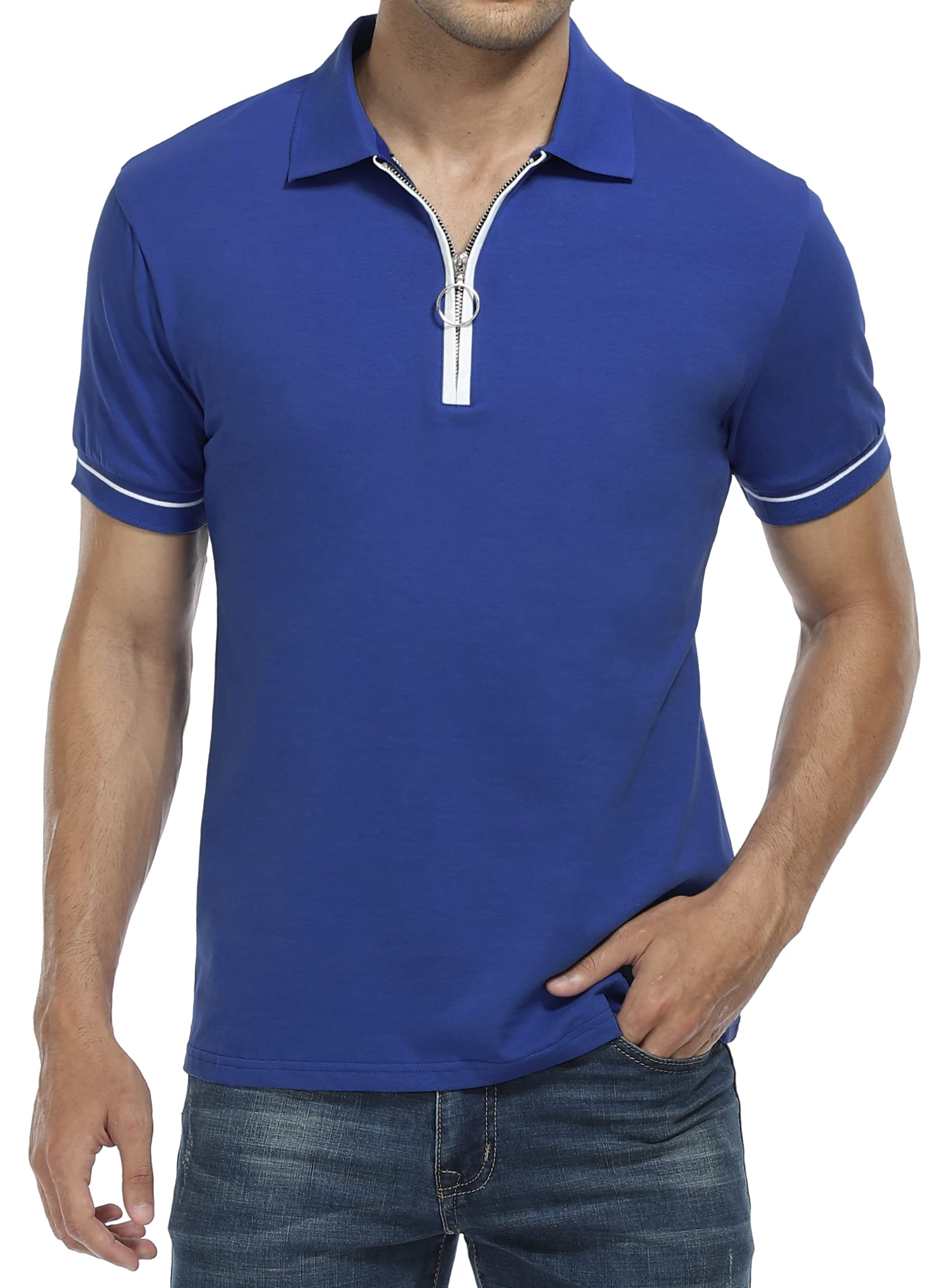 Men's Slim Fit V-Neck Polo Shirts Short Sleeve Casual Golf Shirt with Lapel & Quarter Zip - Breathable Summer Tee for Golfing, Office Wear & Outdoor Activities